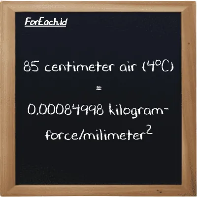 85 centimeter air (4<sup>o</sup>C) setara dengan 0.00084998 kilogram-force/milimeter<sup>2</sup> (85 cmH2O setara dengan 0.00084998 kgf/mm<sup>2</sup>)